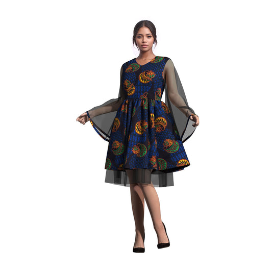 Ethnic African Floral Print Sheer Mesh Flare Sleeve Dress