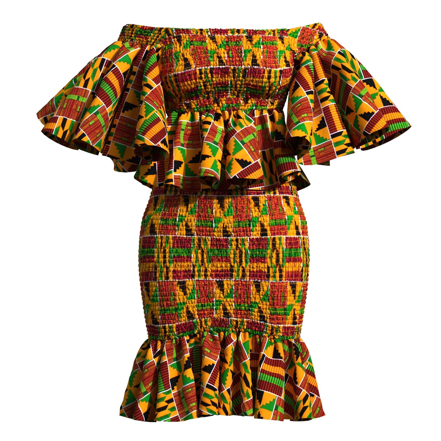 Smocked African Print Two-Piece Outfit with Flounce Sleeves