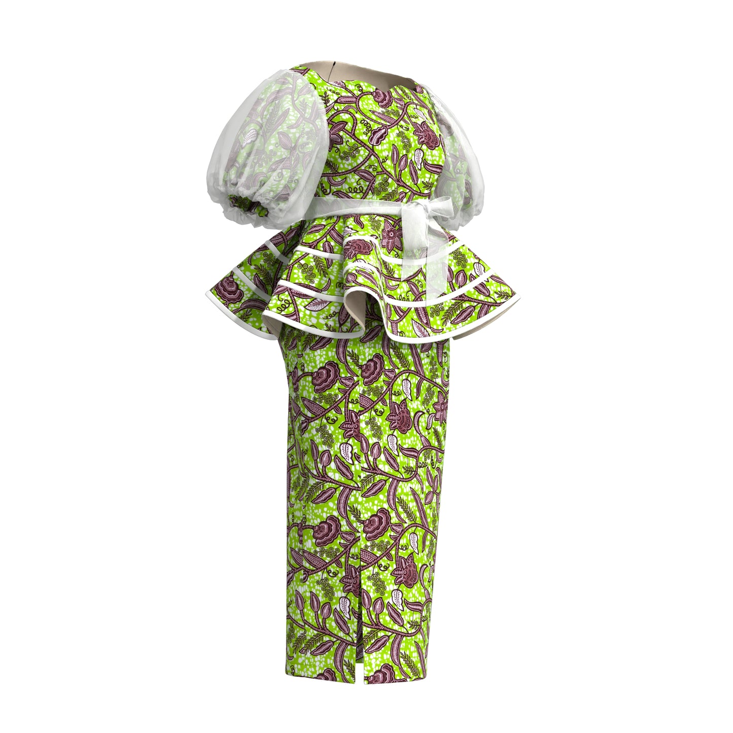 African Print Organza Sleeve Peplum Top & Midi Skirt Set