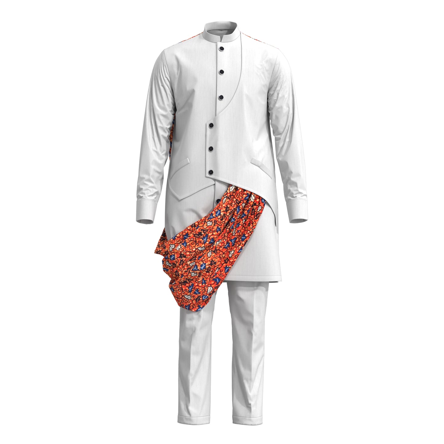 Stylish Men Matching Trousers Outfit, Suit Fabric Top with African Printed Drape Detail