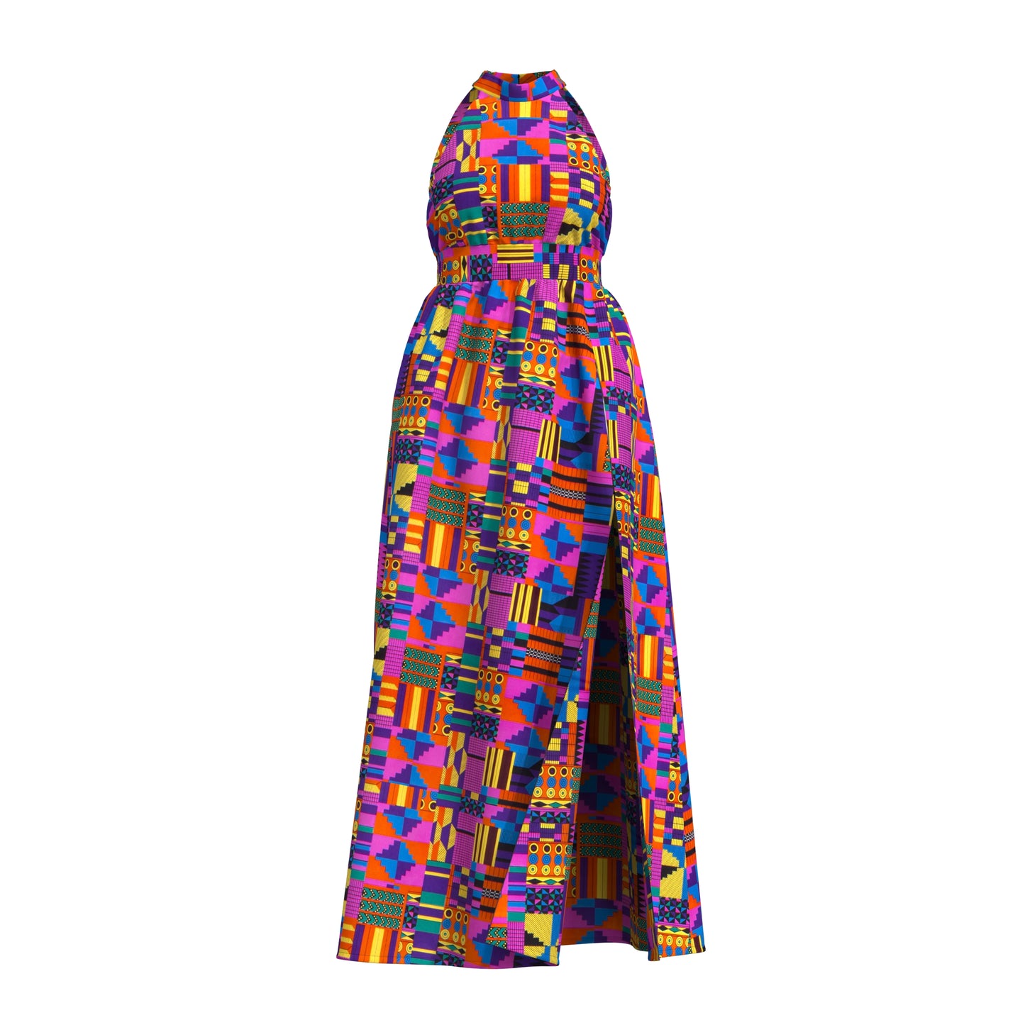 Ladies African Fabric Halter Maxi Dress With Back Bow & Side Split