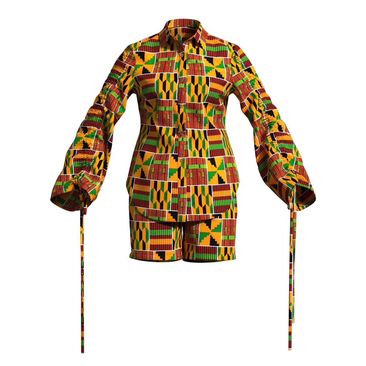 African Print Smocked Sleeve Shirt & Shorts Two-Piece Set