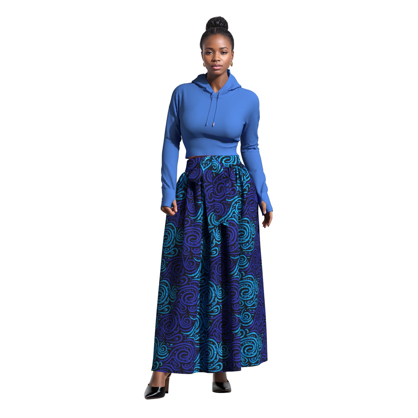 African Print Elastic Waist A-Line Skirt with Matching Belt