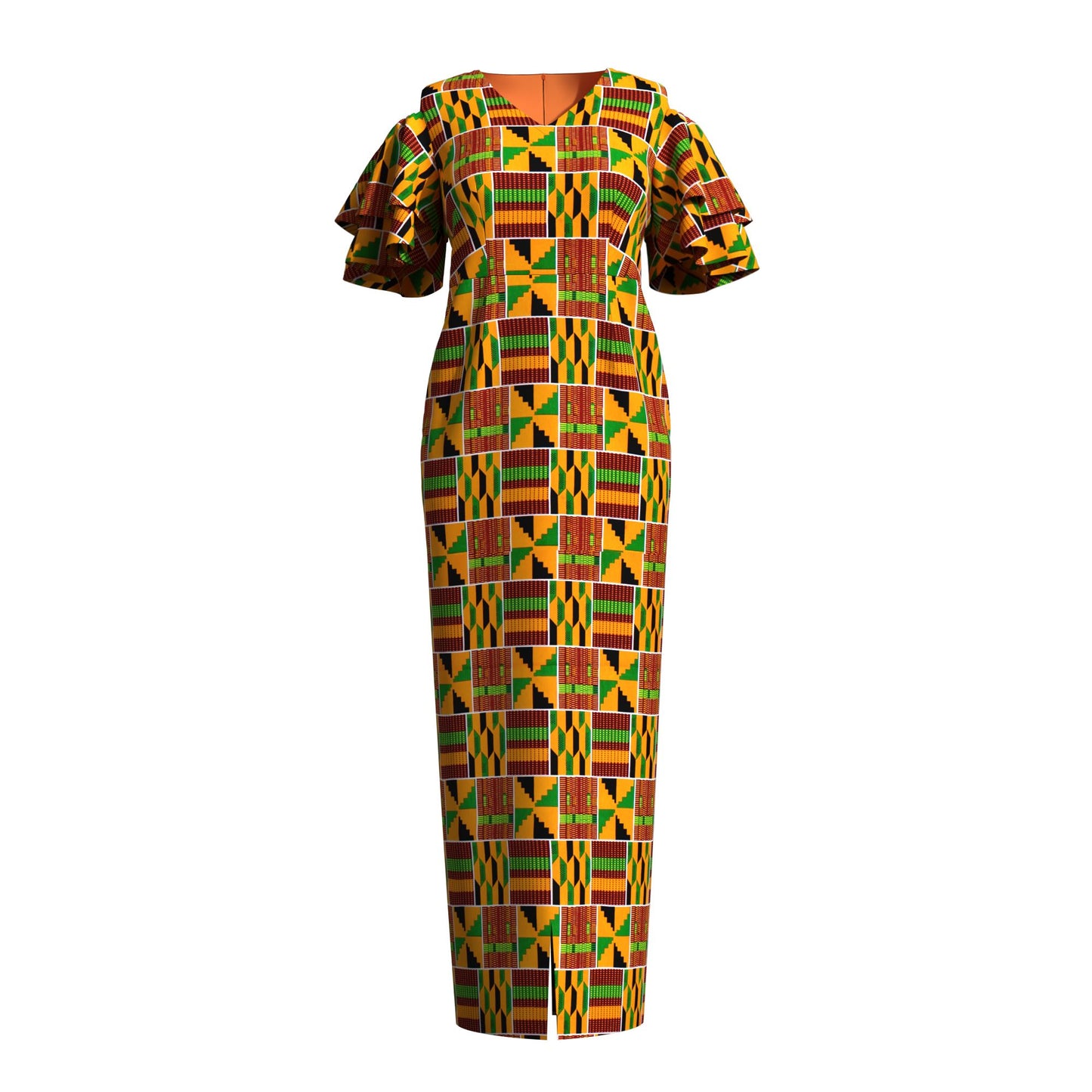 African Print Cold Shoulder Maxi Dress with Ruffle Sleeves