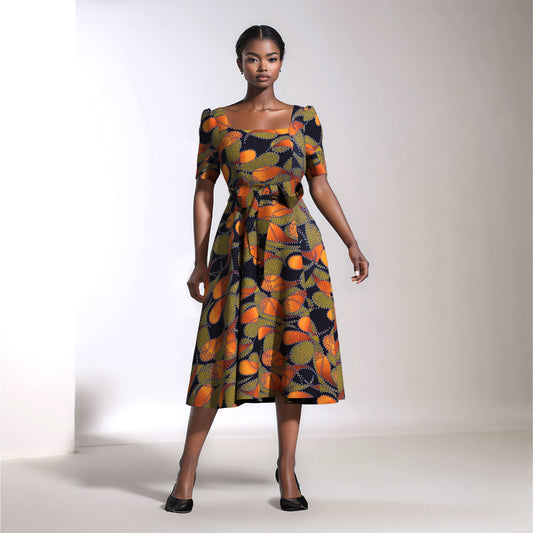 Women's African Print Midi Dress Short Sleeve & Belted Waist A-Line Ankara Fashion Dress