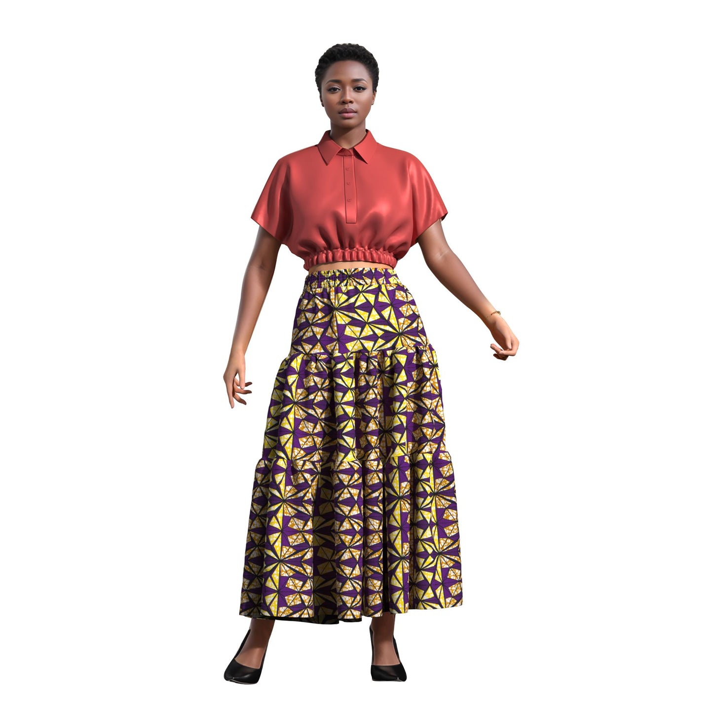 Ankara Print High Waist Tiered Ruffle Maxi Skirt
