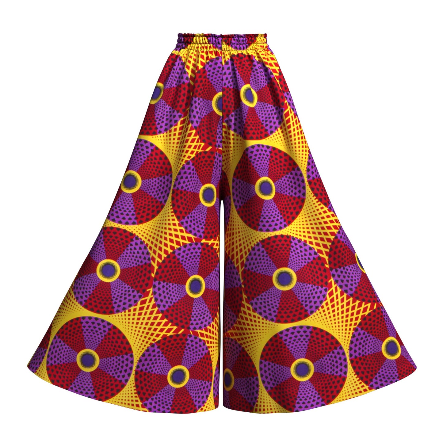 African Print Flowy Palazzo Pants, High Waist Elastic Waist Wide Leg Trousers