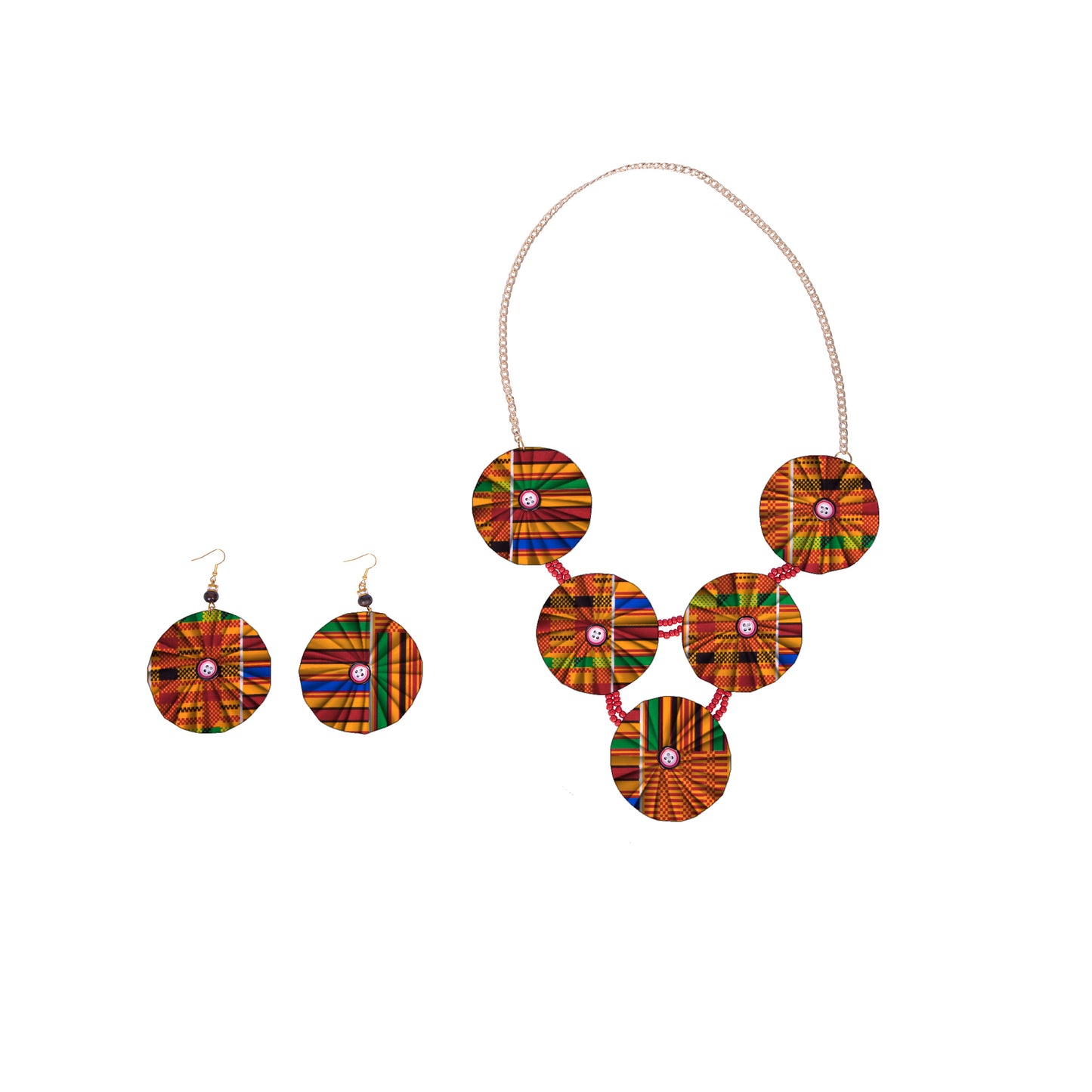 African Women Ankara Fabric Button Statement Necklace & Earring Set Accessories