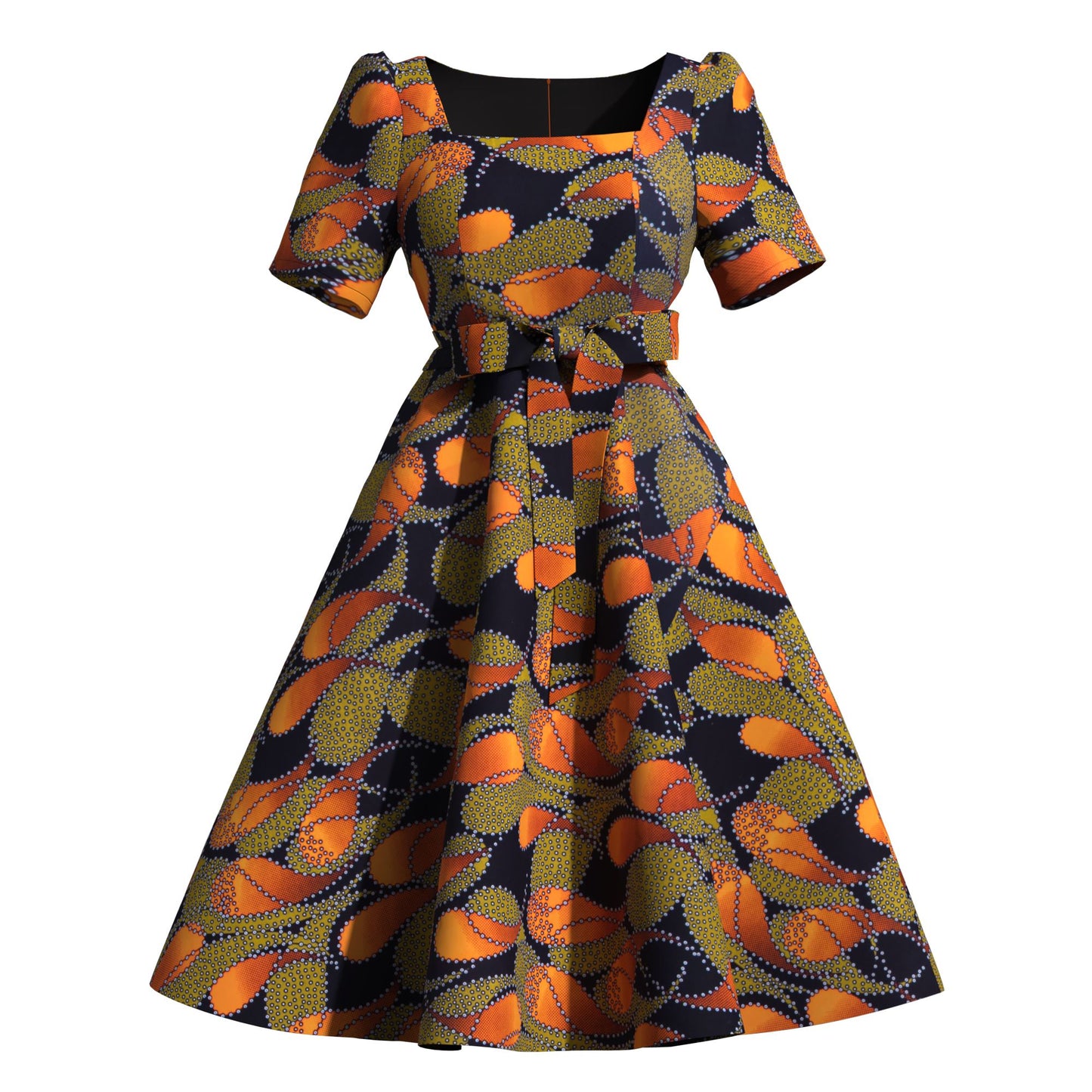 Women's African Print Midi Dress Short Sleeve & Belted Waist A-Line Ankara Fashion Dress