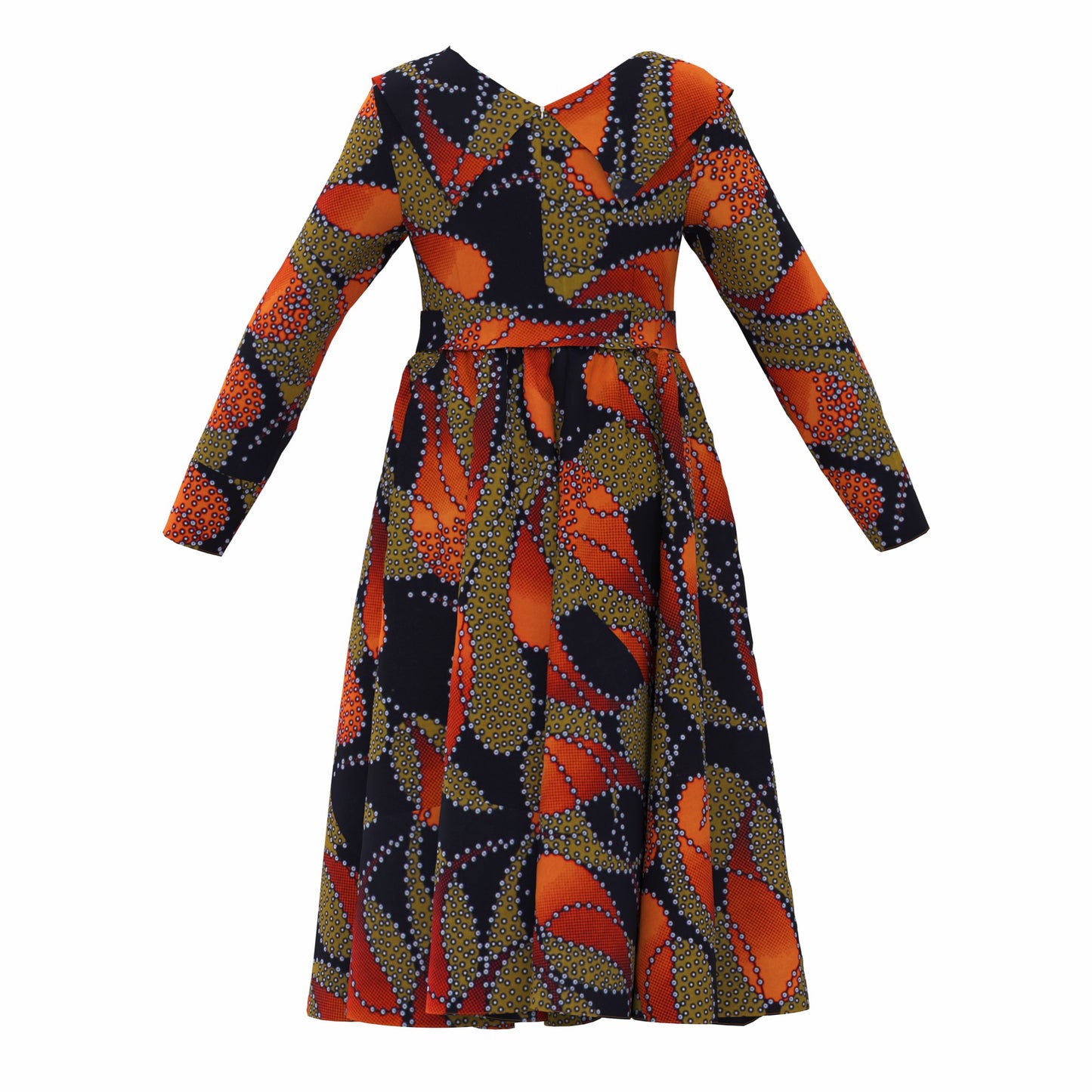 V-Neck Long Sleeve African Print Midi Dress with Tie Waist Belt
