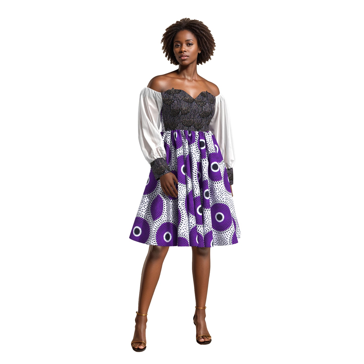 African Print Sequin Off Shoulder Mesh Sleeve A-Line Dress