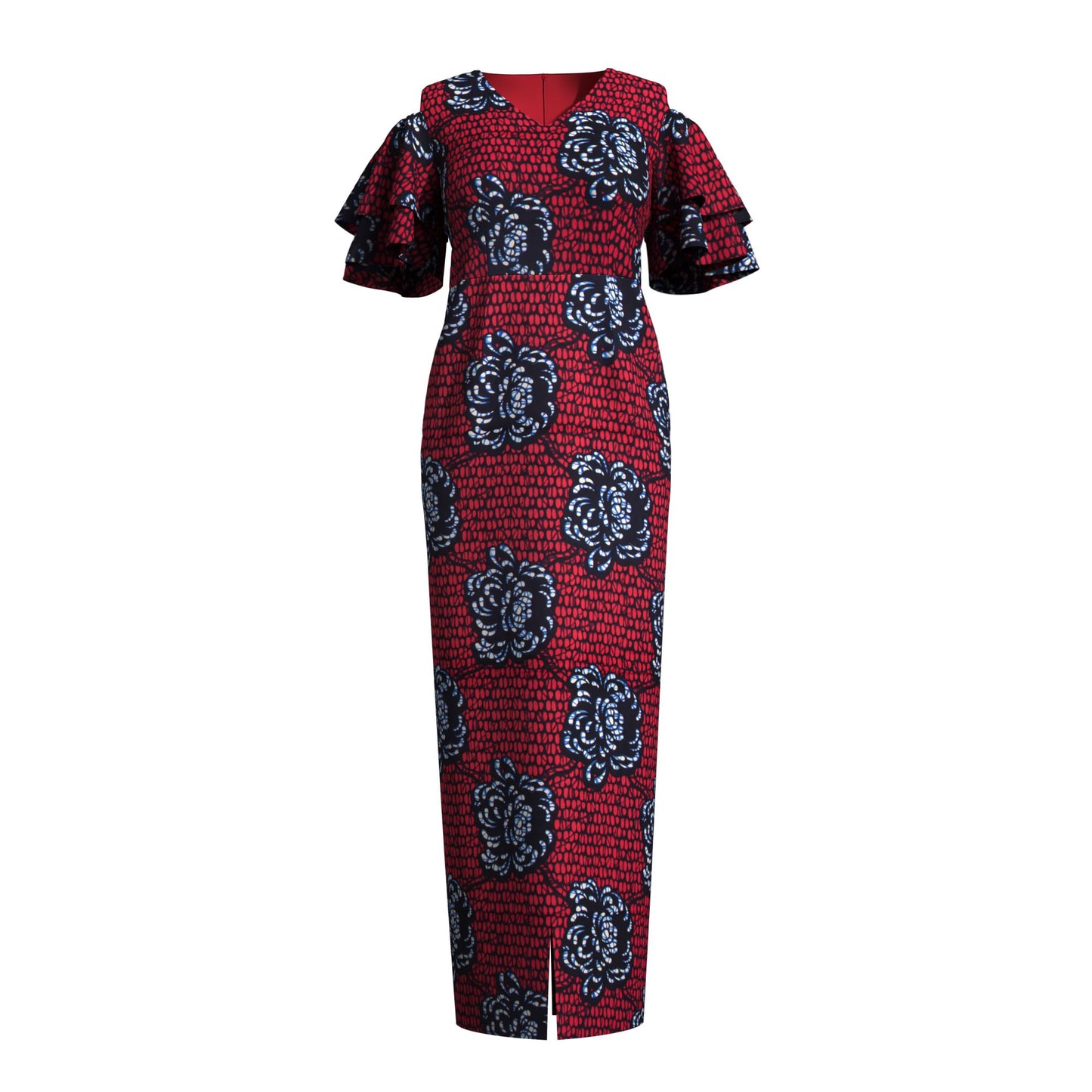 African Print Cold Shoulder Maxi Dress with Ruffle Sleeves