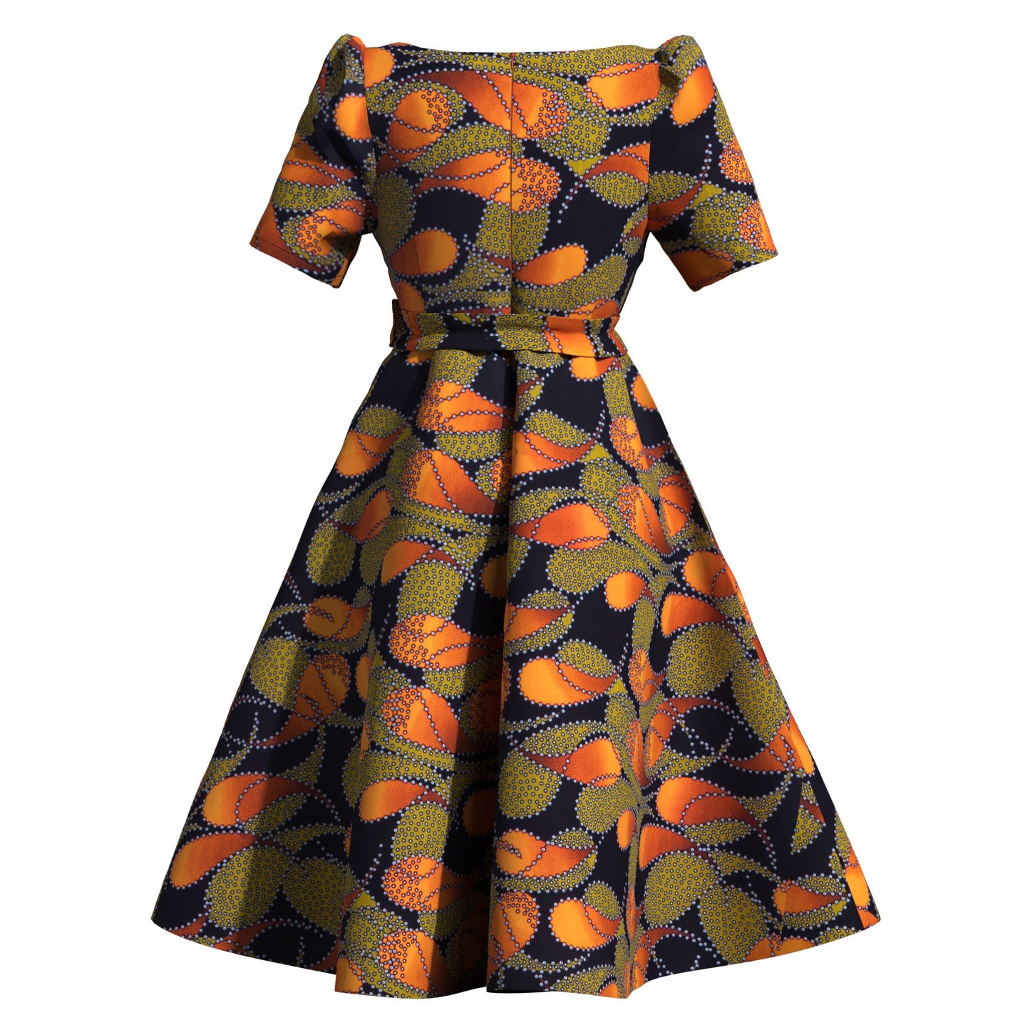 Women's African Print Midi Dress Short Sleeve & Belted Waist A-Line Ankara Fashion Dress