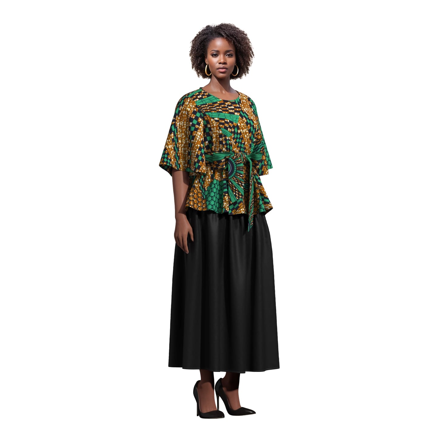 African Print Flare Sleeve Peplum Blouse with Waist Sash