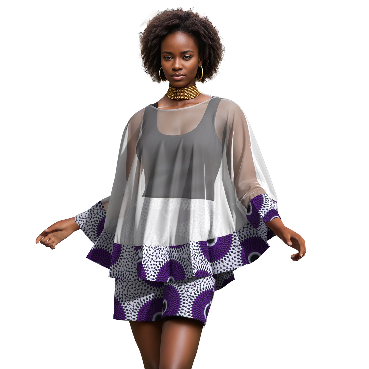 African Print Chiffon Cape Top & Shorts Two-Piece Set