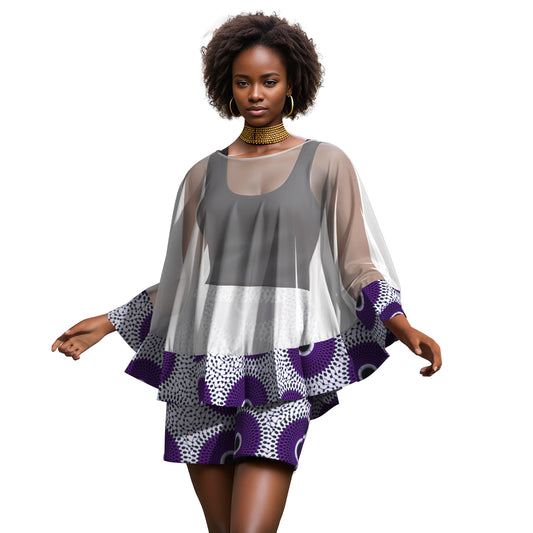 African Print Chiffon Cape Top & Shorts Two-Piece Set