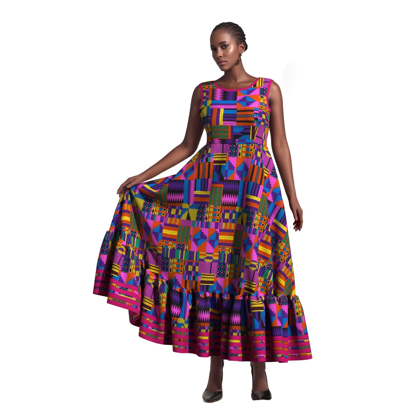 African Women All Over Culture Print Sleeveless Maxi Dress Hollow Back Decorative Buttons Casual Party Dress