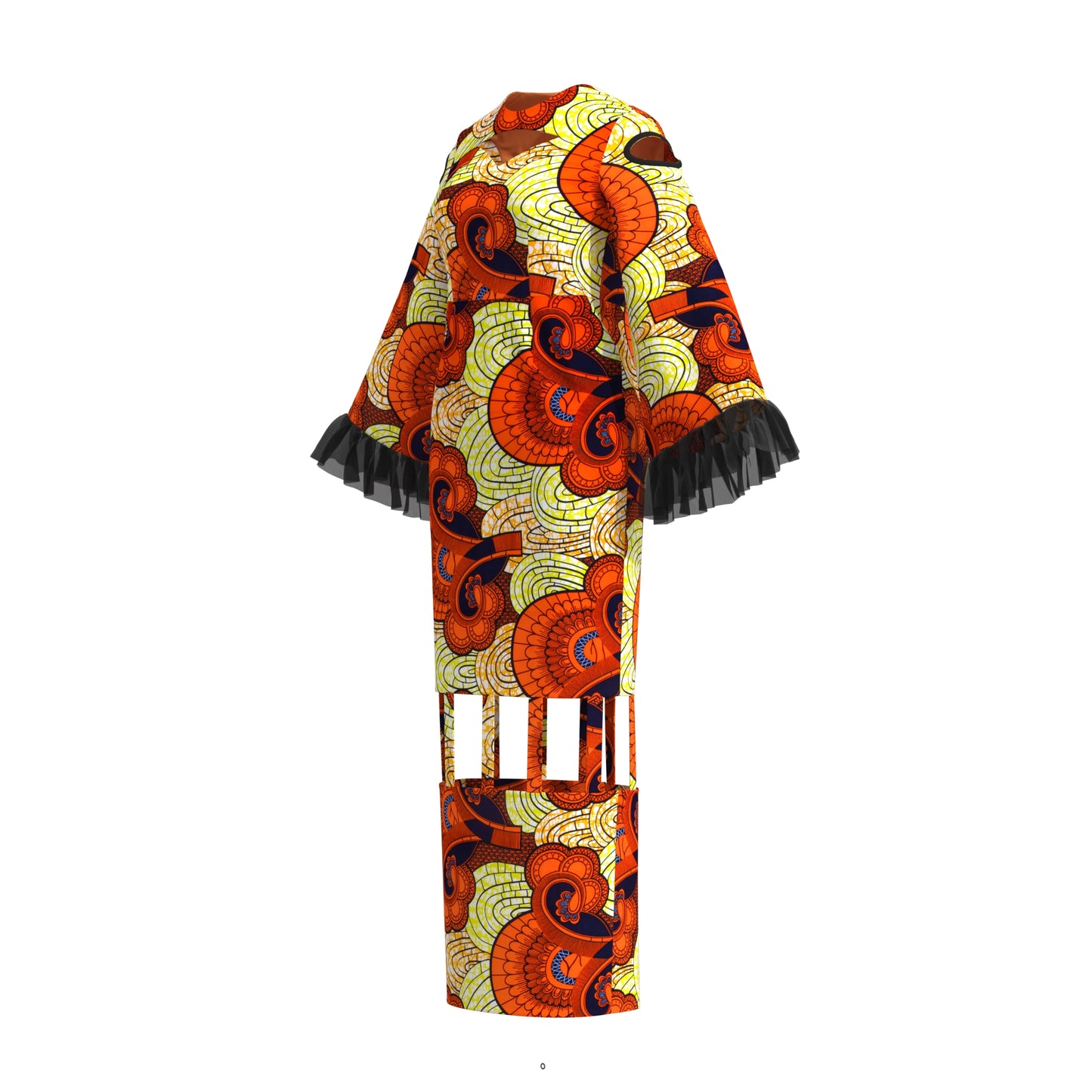 African Ankara Print Cutout Maxi Dress with Sheer Ruffle Cuffs