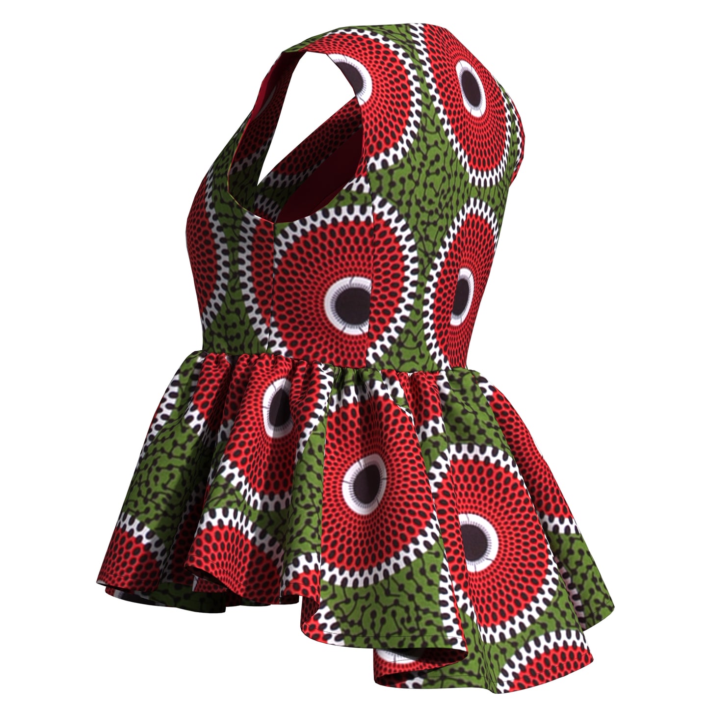 Handmade African Wax Print Sleeveless Peplum Blouse with Ruffle Detail