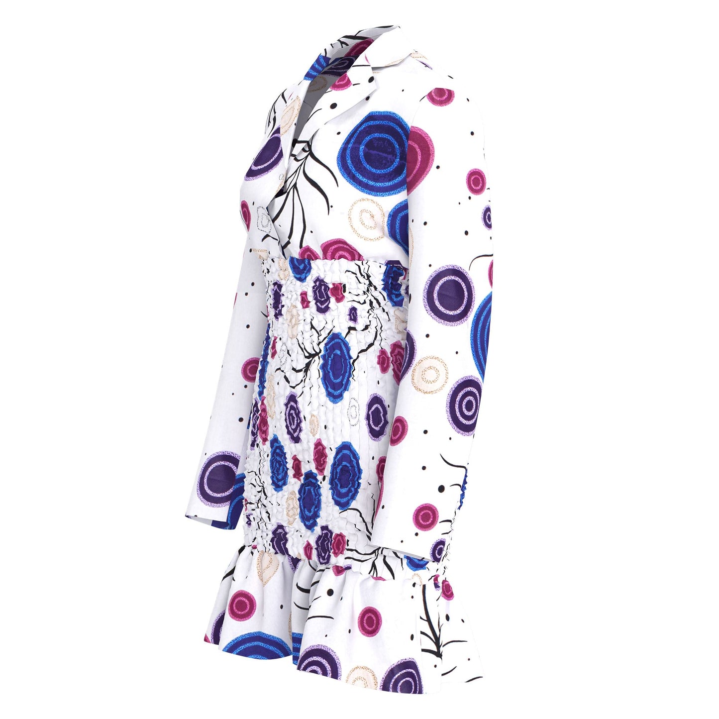 African Print Long Sleeve Shirt Collar Smocked Waist Dress