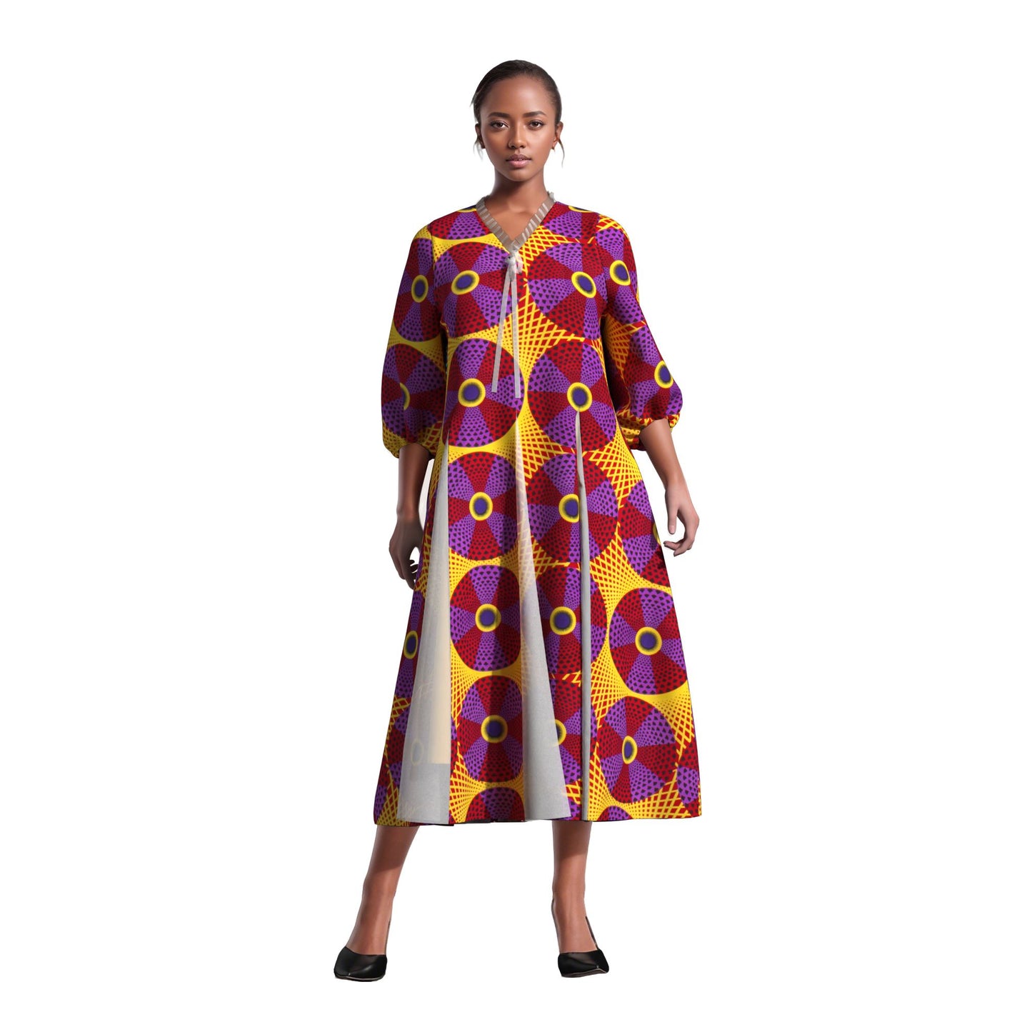 Women Bold Tribal Floral Print V Neck Puff Midi Dress Sheer Panel Split Layer Church Party Outfit