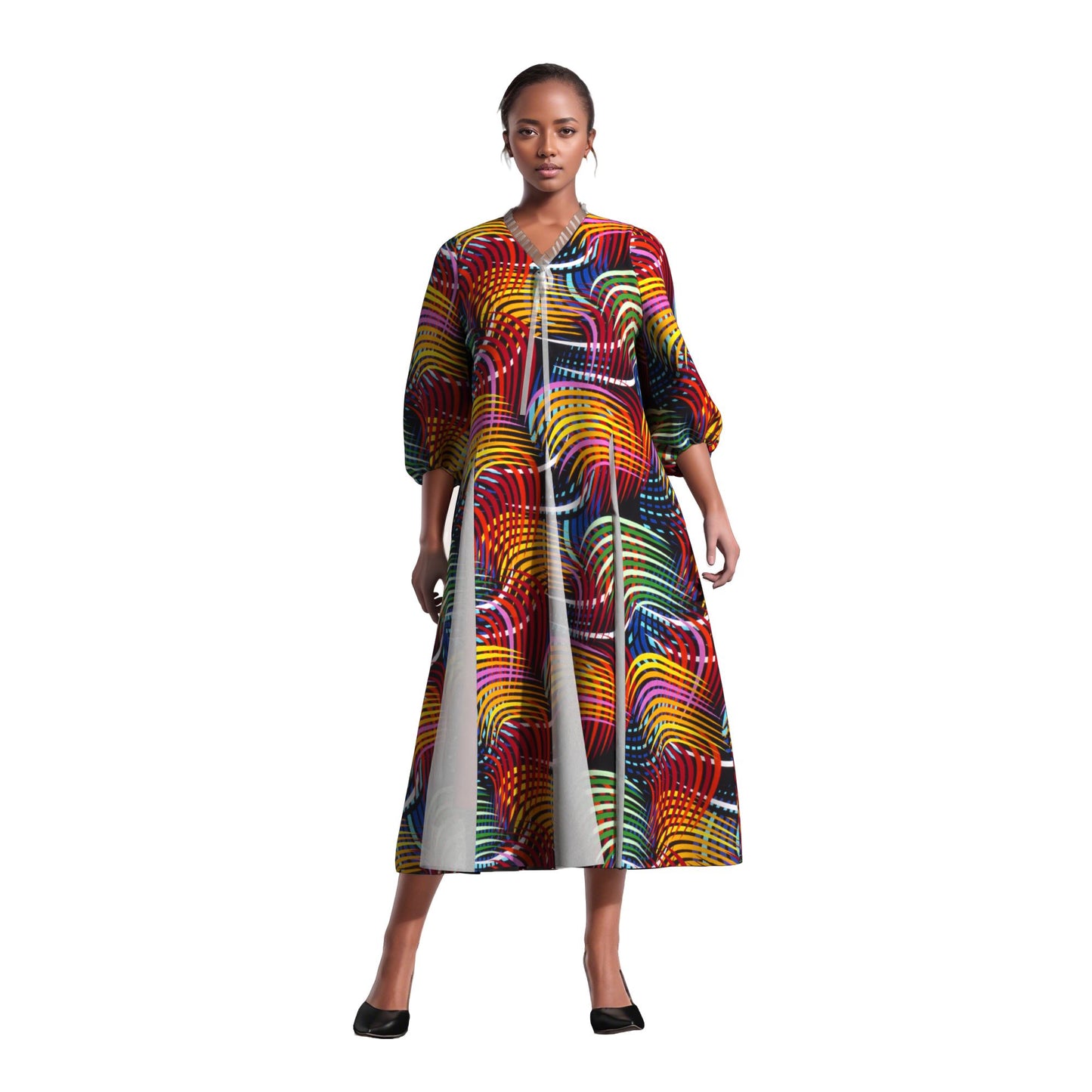 Women Bold Tribal Floral Print V Neck Puff Midi Dress Sheer Panel Split Layer Church Party Outfit