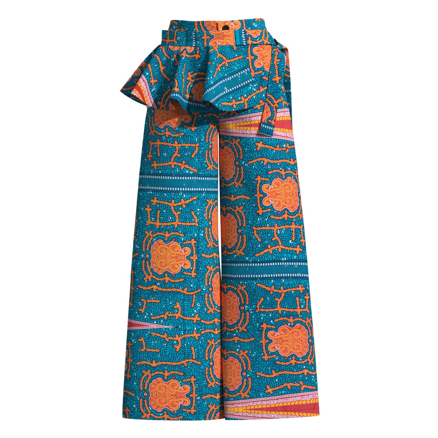 African Print Wide-Leg Pants with Detachable Ruffle