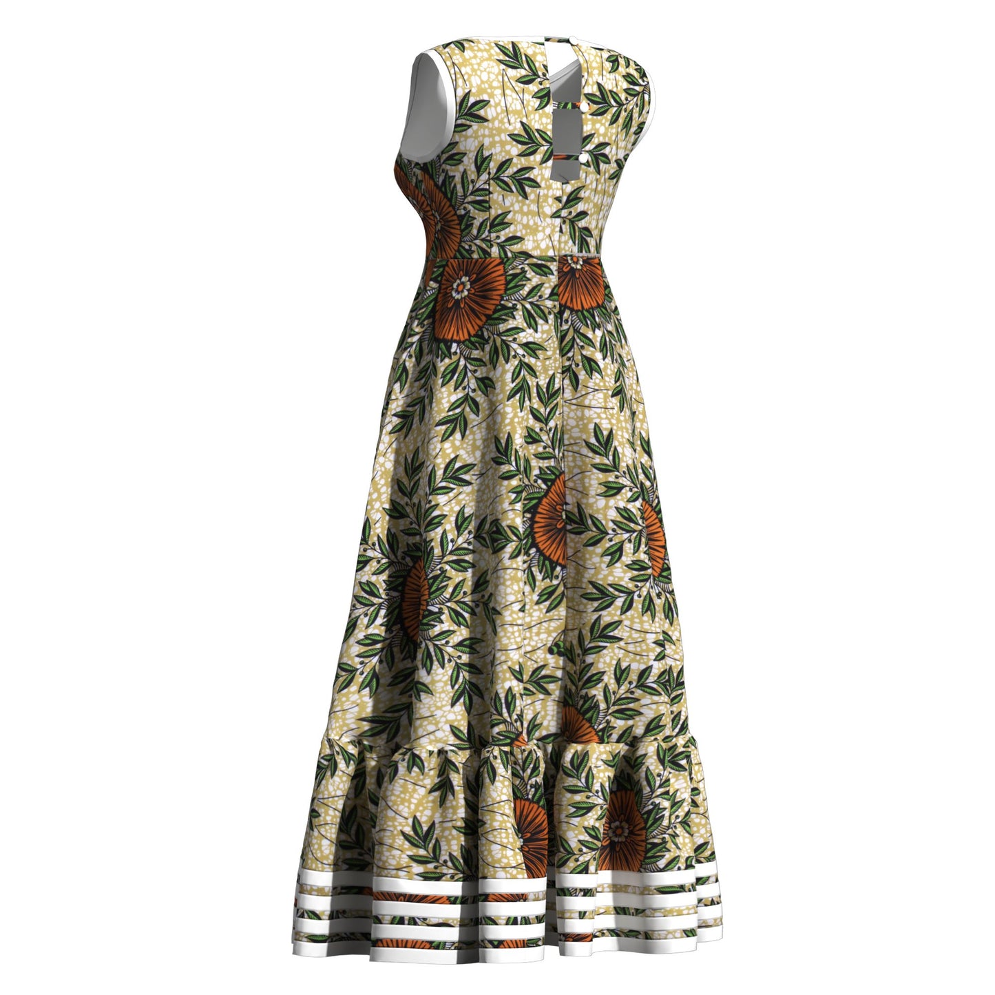 African Women All Over Culture Print Sleeveless Maxi Dress Hollow Back Decorative Buttons Casual Party Dress
