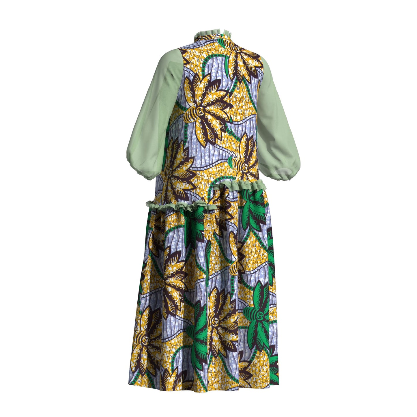 African Fabric Sheer Mesh Ruffle Collar Tiered Swing Midi Dress