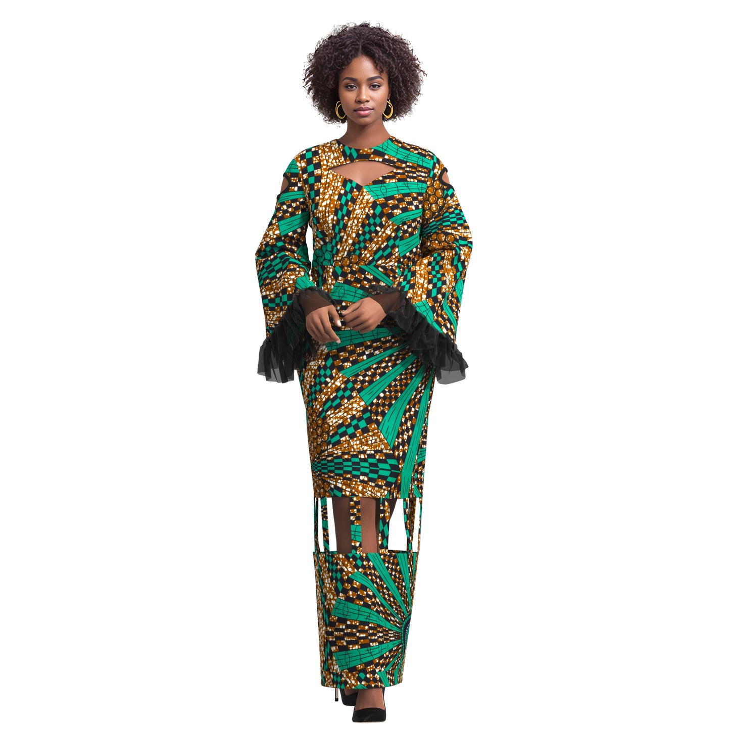 African Ankara Print Cutout Maxi Dress with Sheer Ruffle Cuffs
