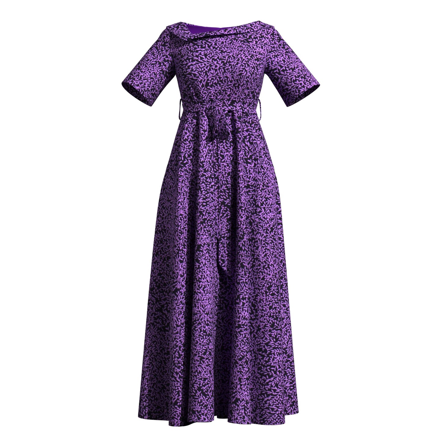 nkara Print Asymmetric Collar Short Sleeve Waist Tie Long Dress