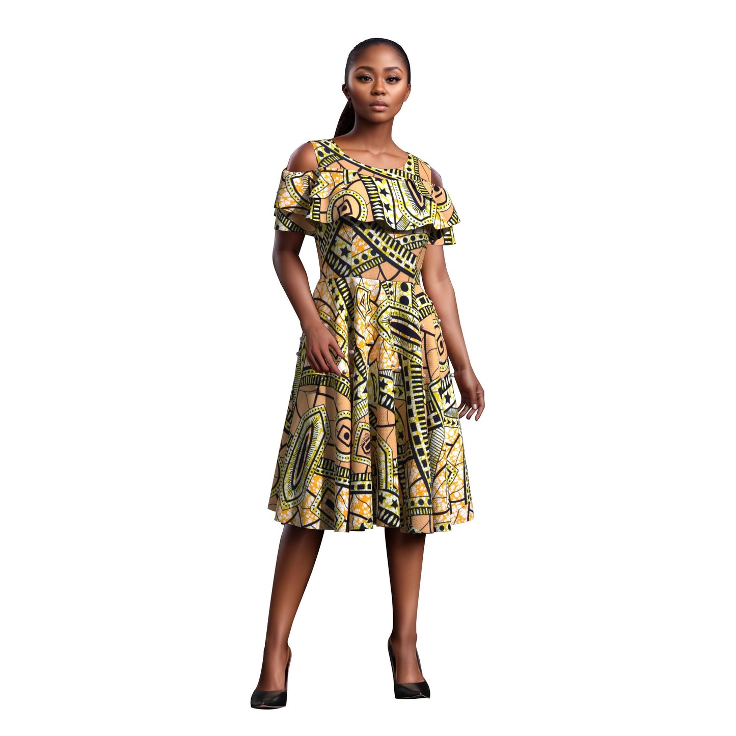 Traditional African Wax Print Cold-Shoulder Fit-and-Flare Dress