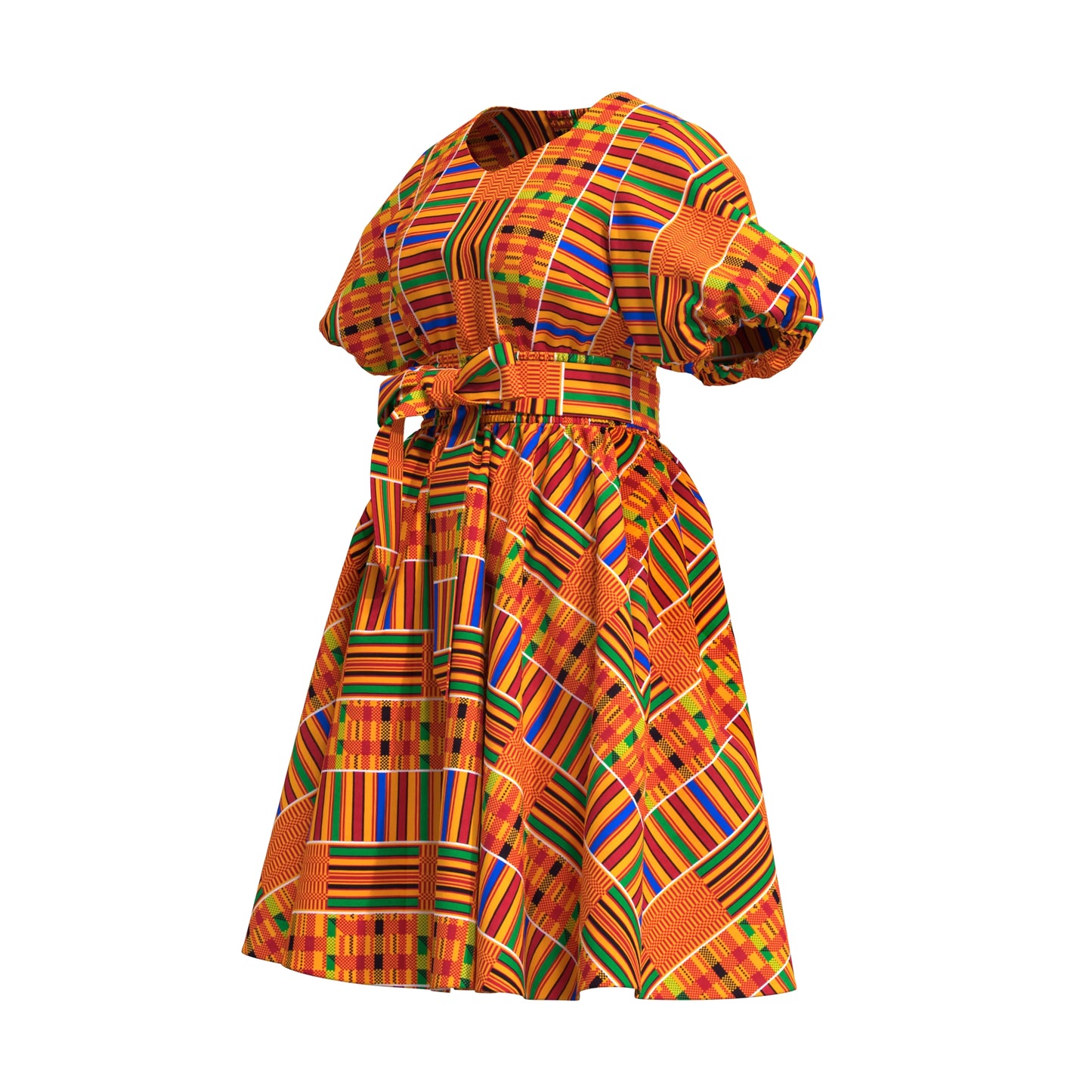 African Print Smocked Waist A-Line Midi Dress with Belt