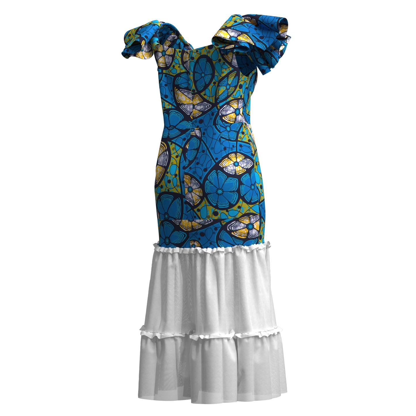 African Ankara Print Ruffle Sleeve Mermaid Dress with Sheer Mesh Hem