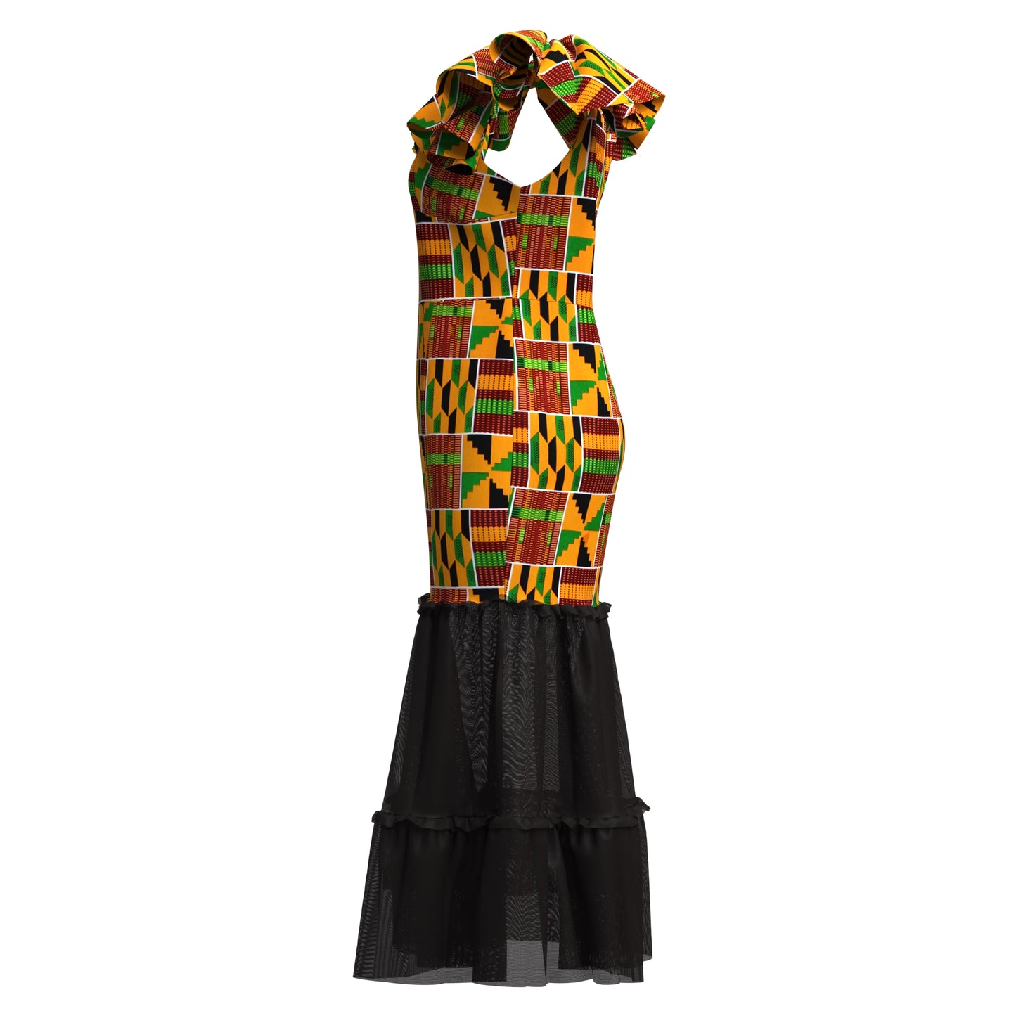 African Ankara Print Ruffle Sleeve Mermaid Dress with Sheer Mesh Hem