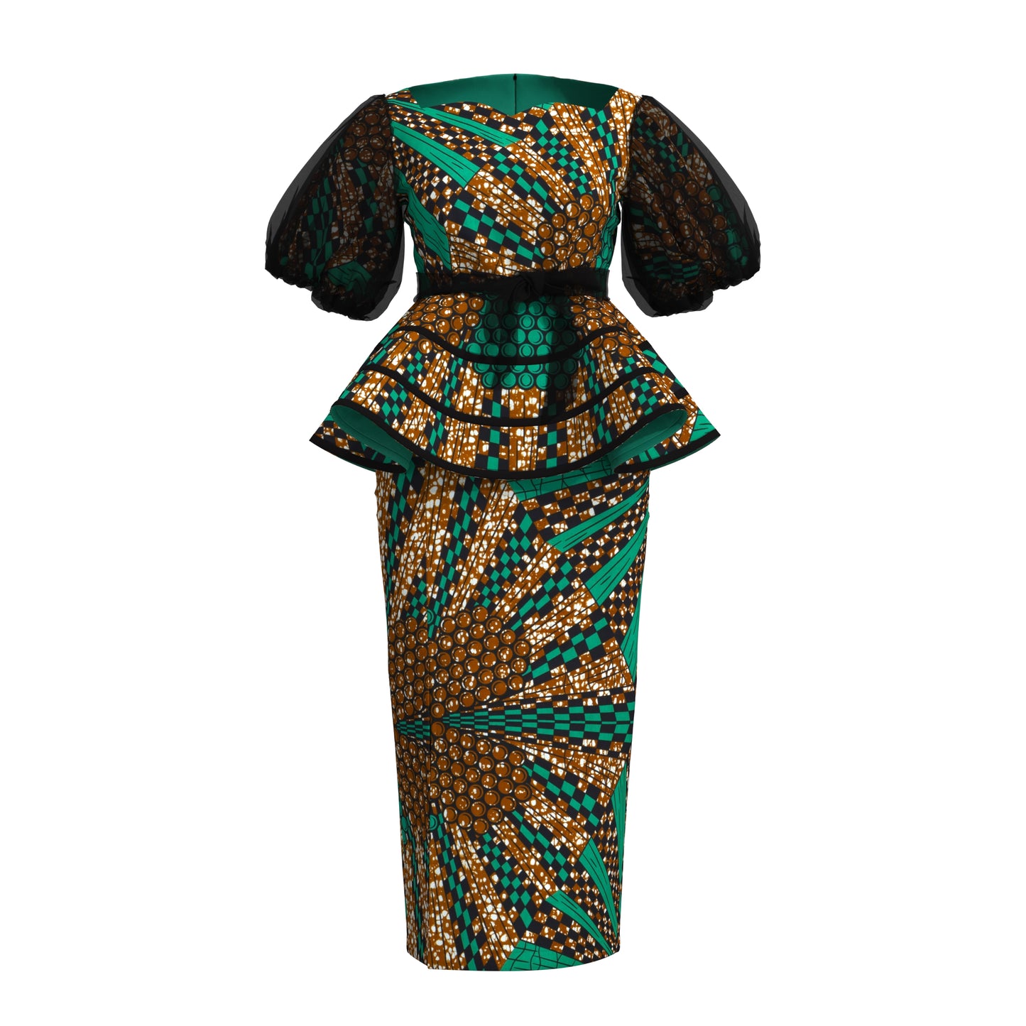 African Print Organza Sleeve Peplum Top & Midi Skirt Set