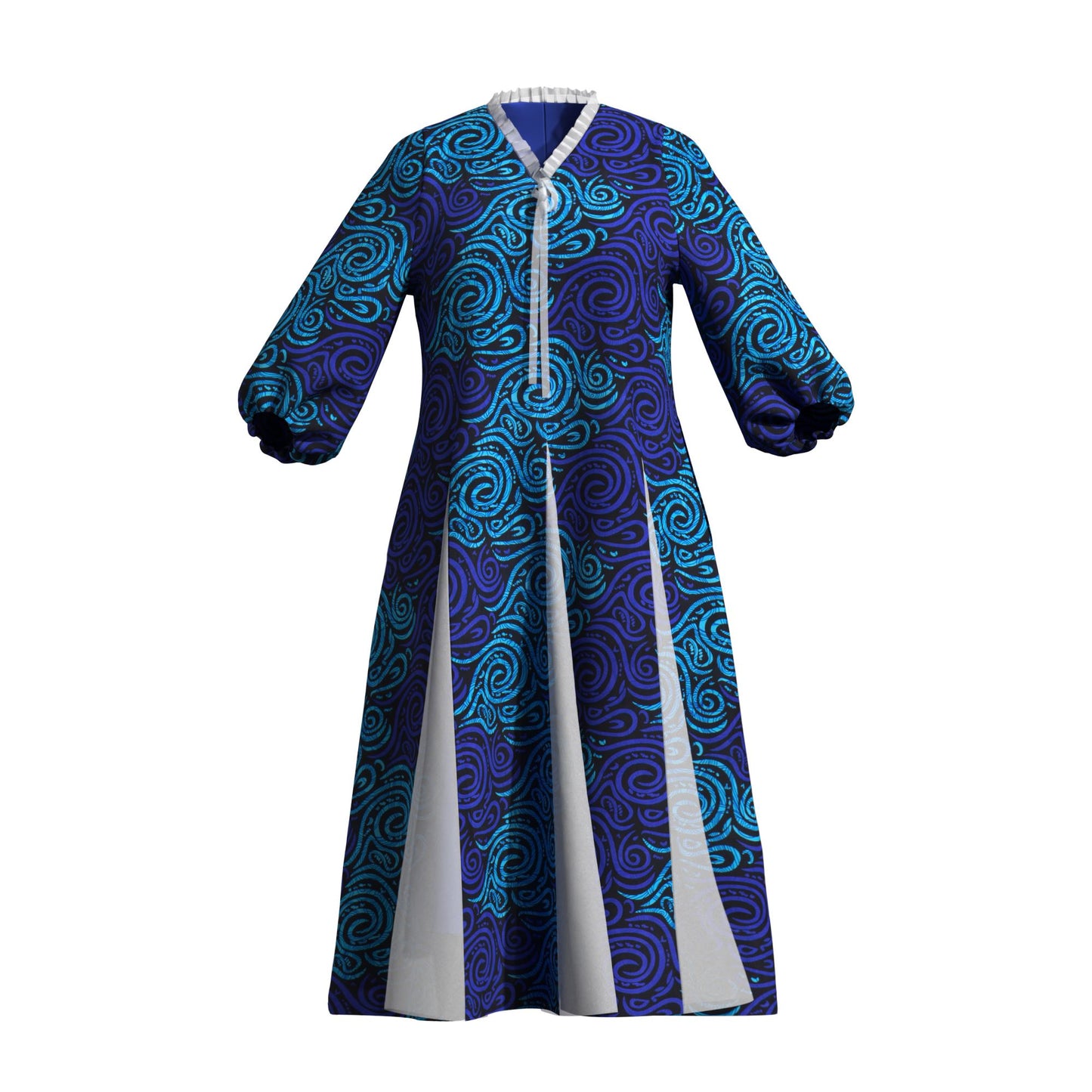 Women Bold Tribal Floral Print V Neck Puff Midi Dress Sheer Panel Split Layer Church Party Outfit