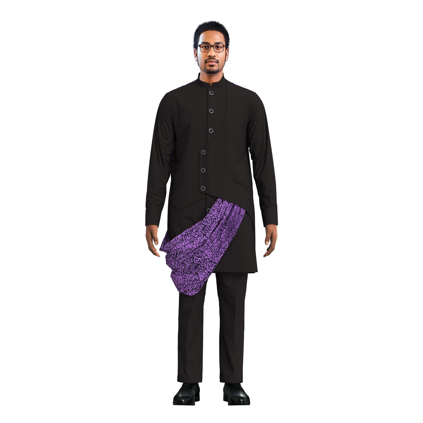 Stylish Men Matching Trousers Outfit, Suit Fabric Top with African Printed Drape Detail