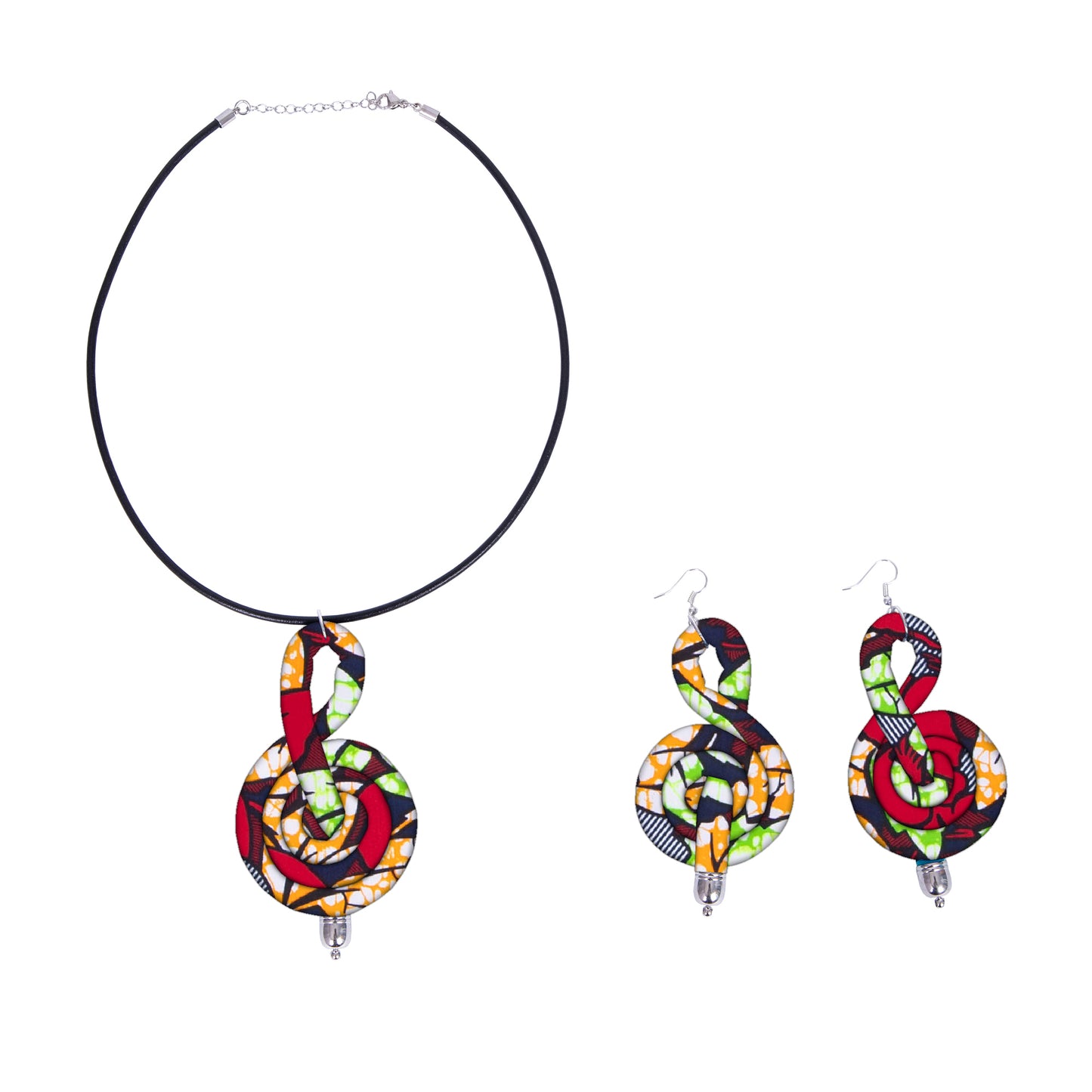 Ladies Kente Geometric Fabric Treble Clef Jewelry Set African Coordinated Neck & Ear Outfit Accessories