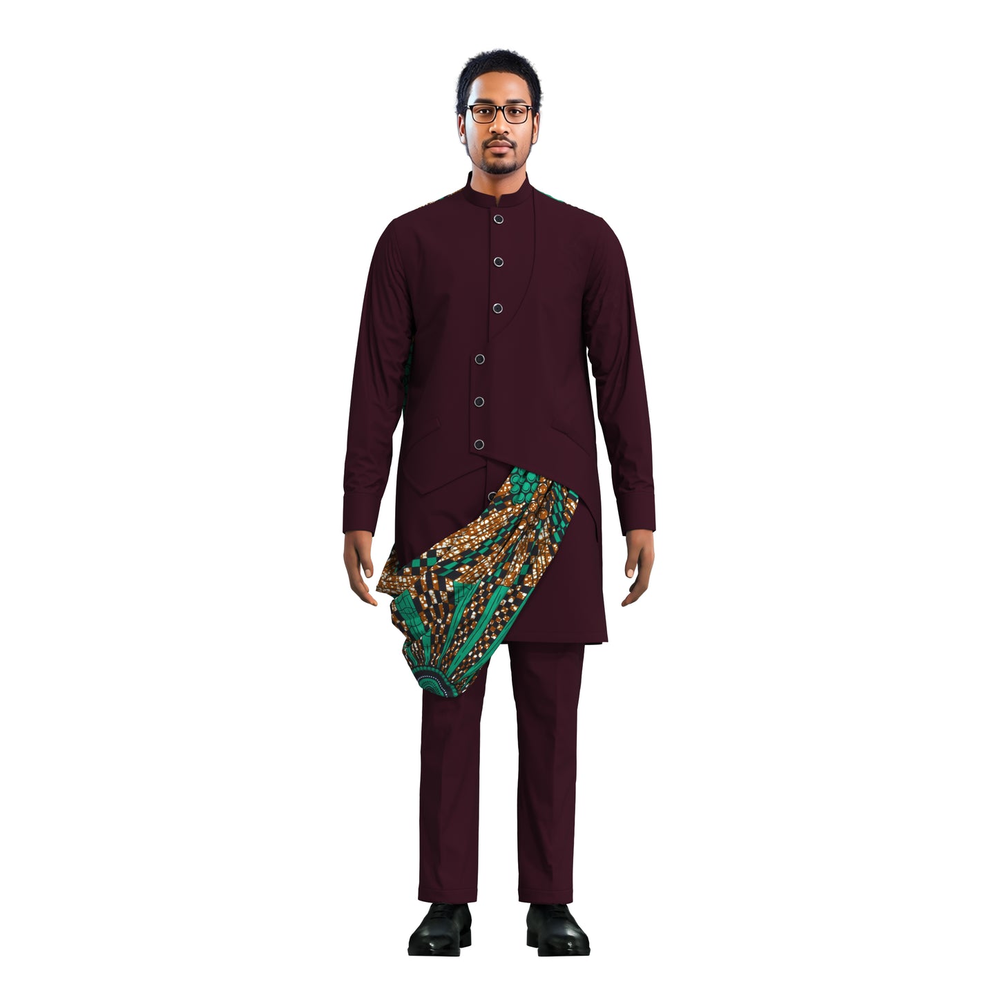 Stylish Men Matching Trousers Outfit, Suit Fabric Top with African Printed Drape Detail