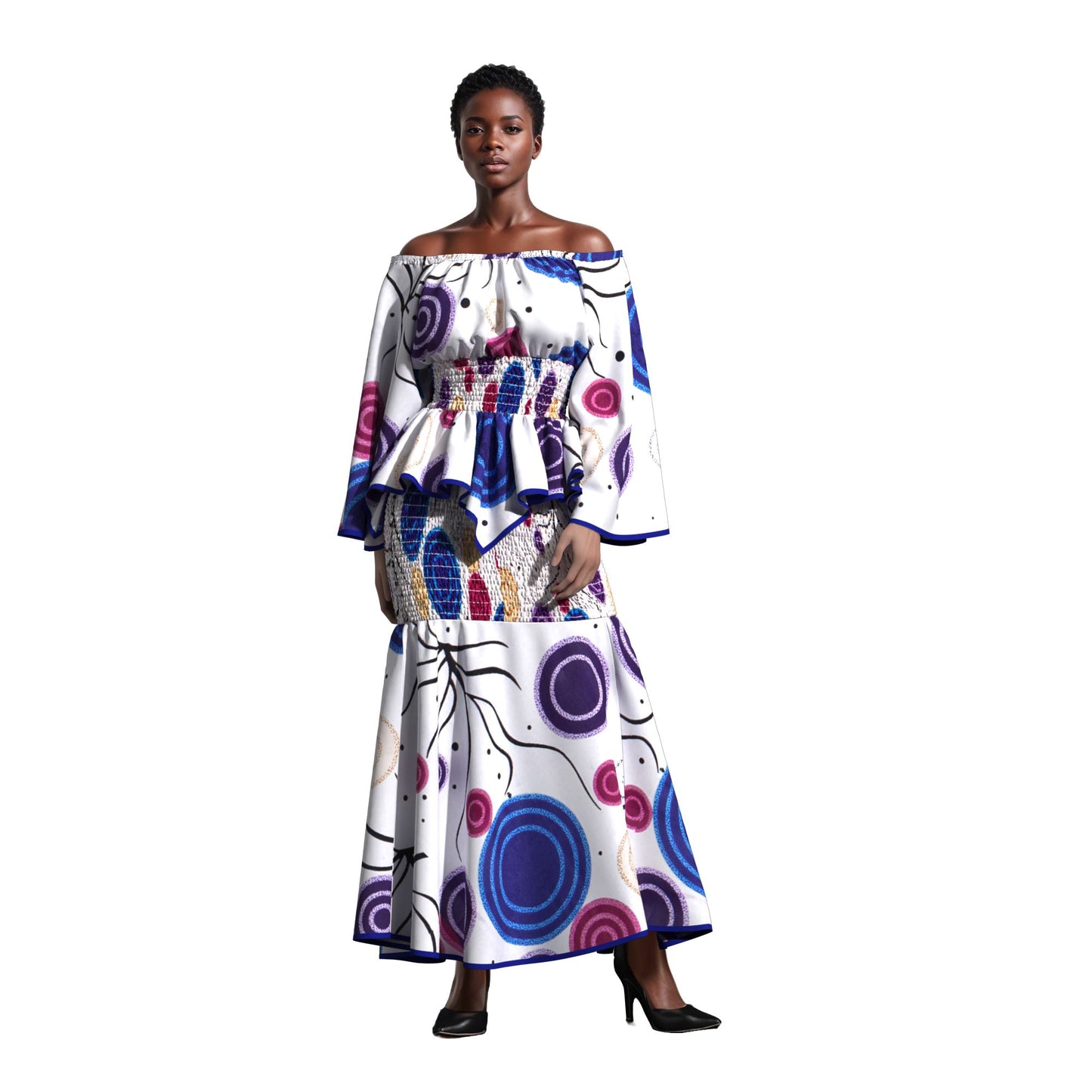 Fashion African Women Dashiki Print Off Shoulder Flare Sleeve Two Piece Set Full Smocked Stretch Casual Party Outfit
