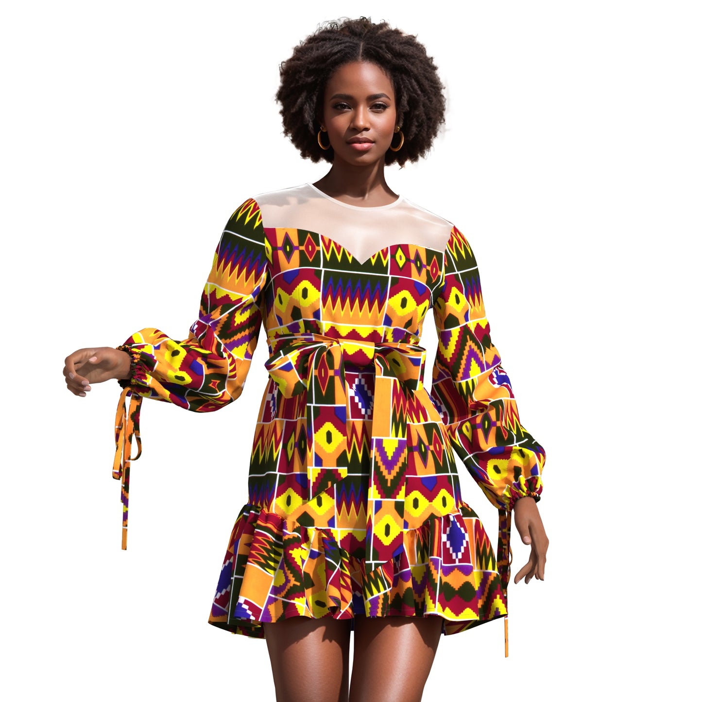 Sheer Mesh Neck African Print Belted Mini Dress