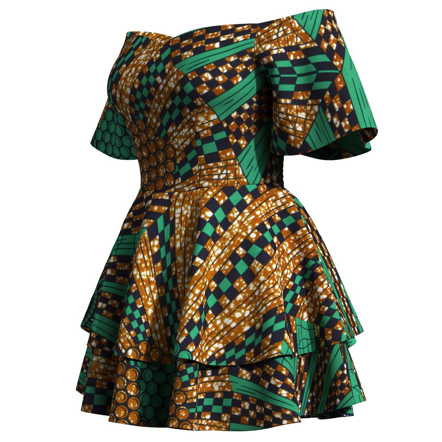 African Print Flowy Off-Shoulder Tiered Mini Dress for Women