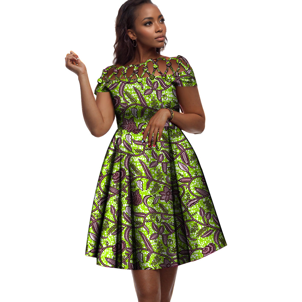 African Print Cotton Rope Button Cutout Off-Shoulder Midi Dress – Elegant Ankara Fit-and-Flare Dress for Black Women
