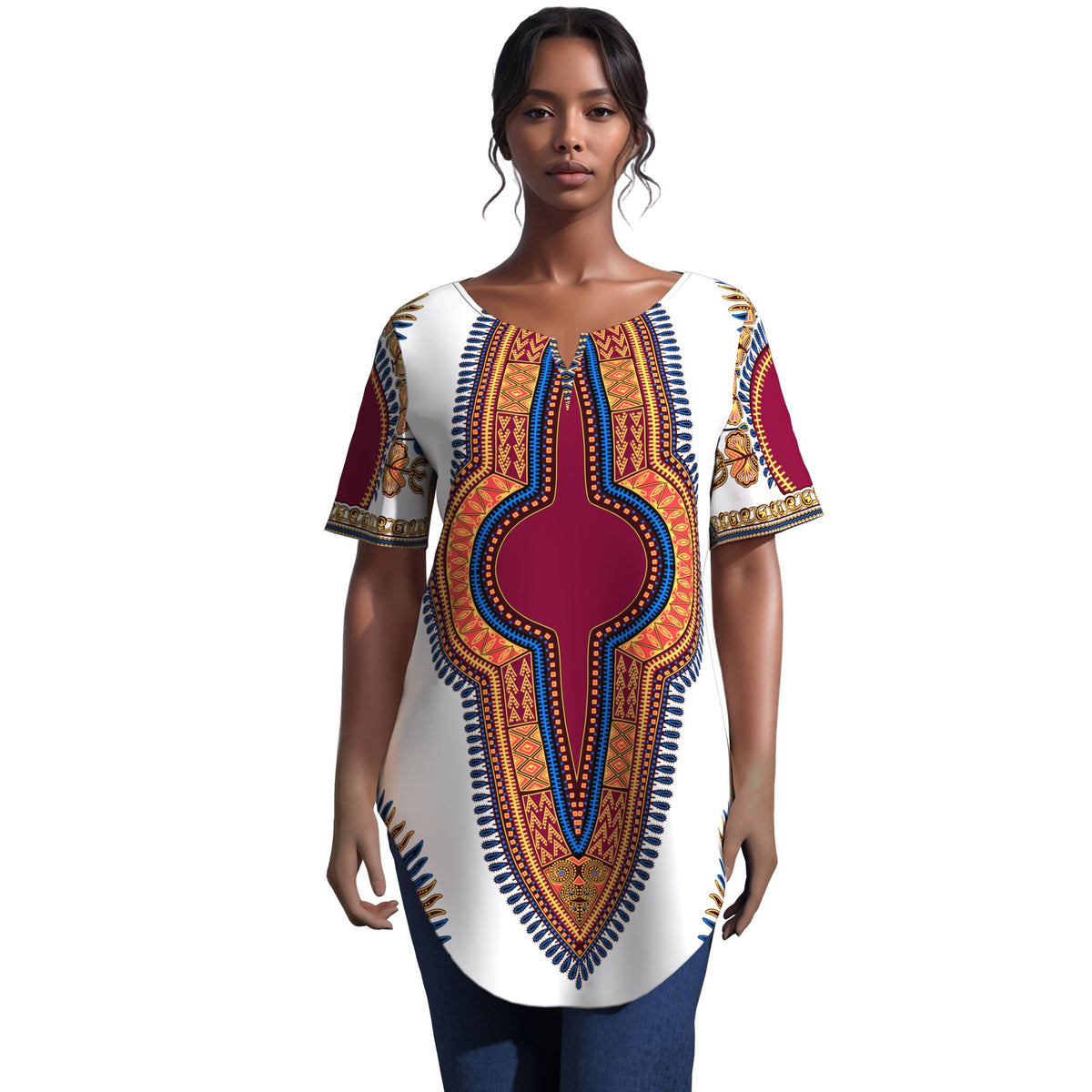 African JAVA Print Dashiki Tunic Top, Women Short Sleeve V‑Neck Curved Hem Loose Blouse WY10632