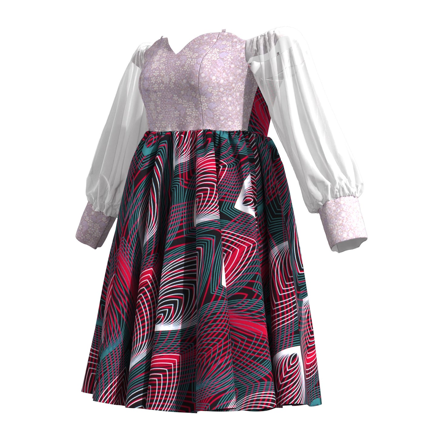 African Print Sequin Off Shoulder Mesh Sleeve A-Line Dress