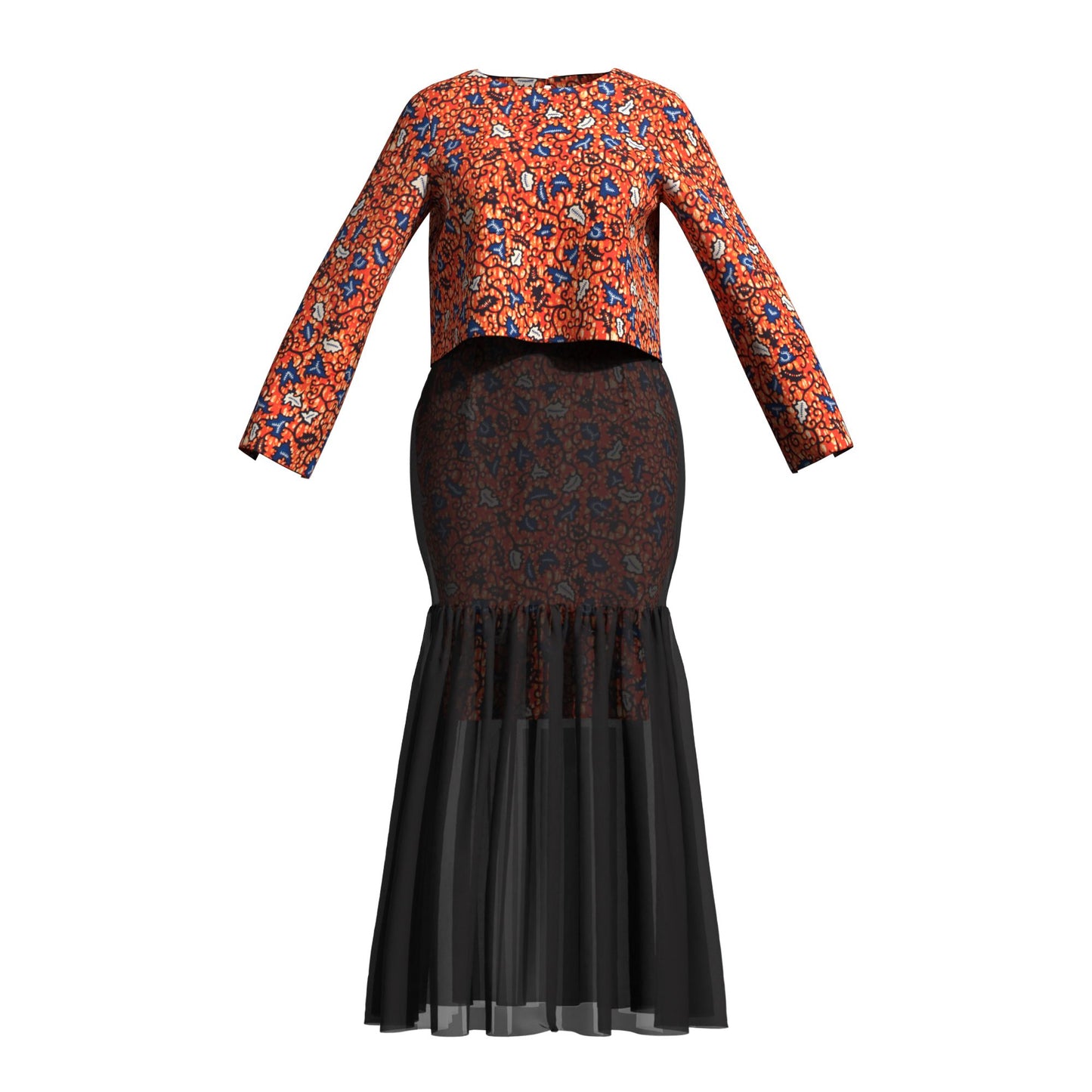 African Print Layered Sheer Mesh Mermaid Maxi Skirt Two Piece Set