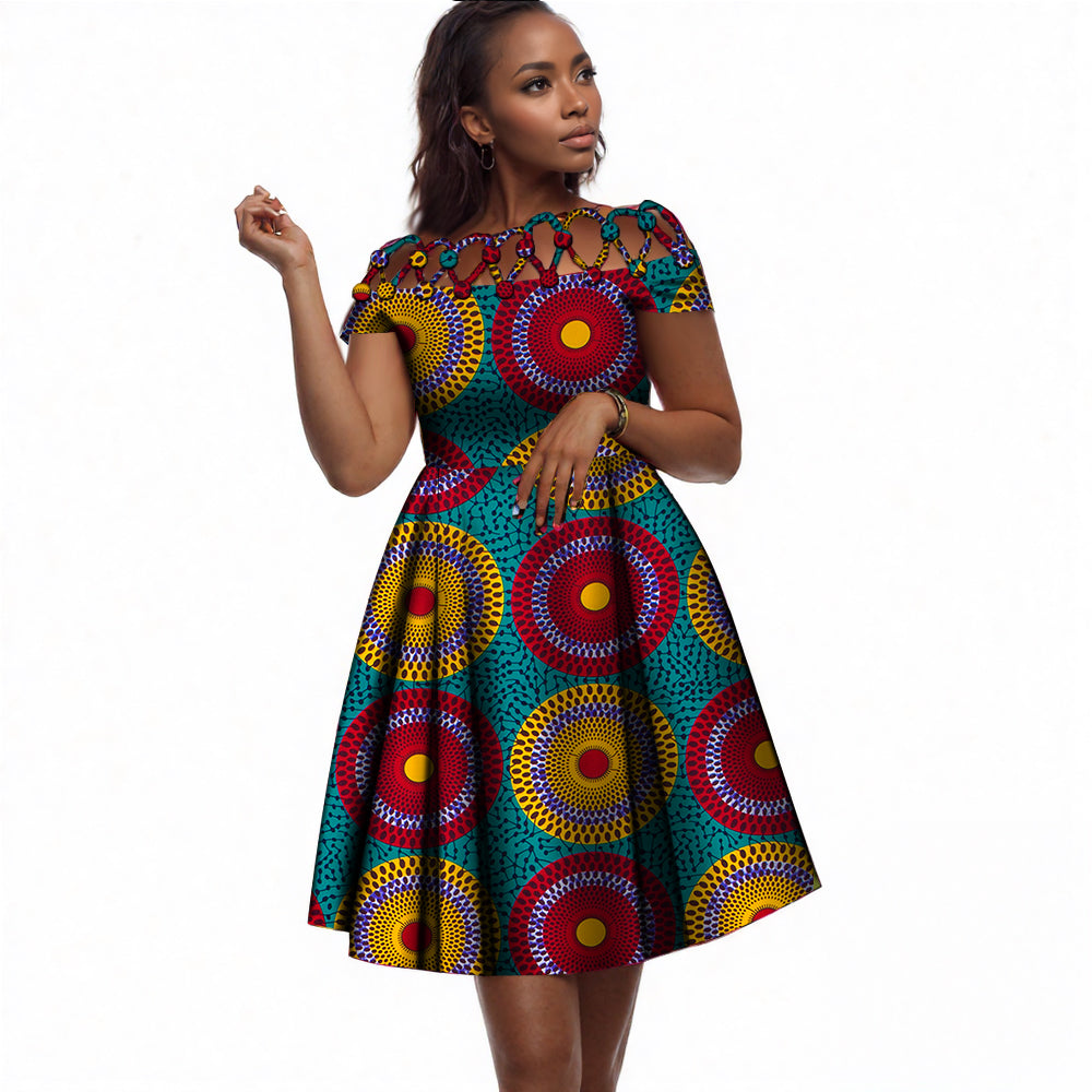 African Print Cotton Rope Button Cutout Off-Shoulder Midi Dress – Elegant Ankara Fit-and-Flare Dress for Black Women