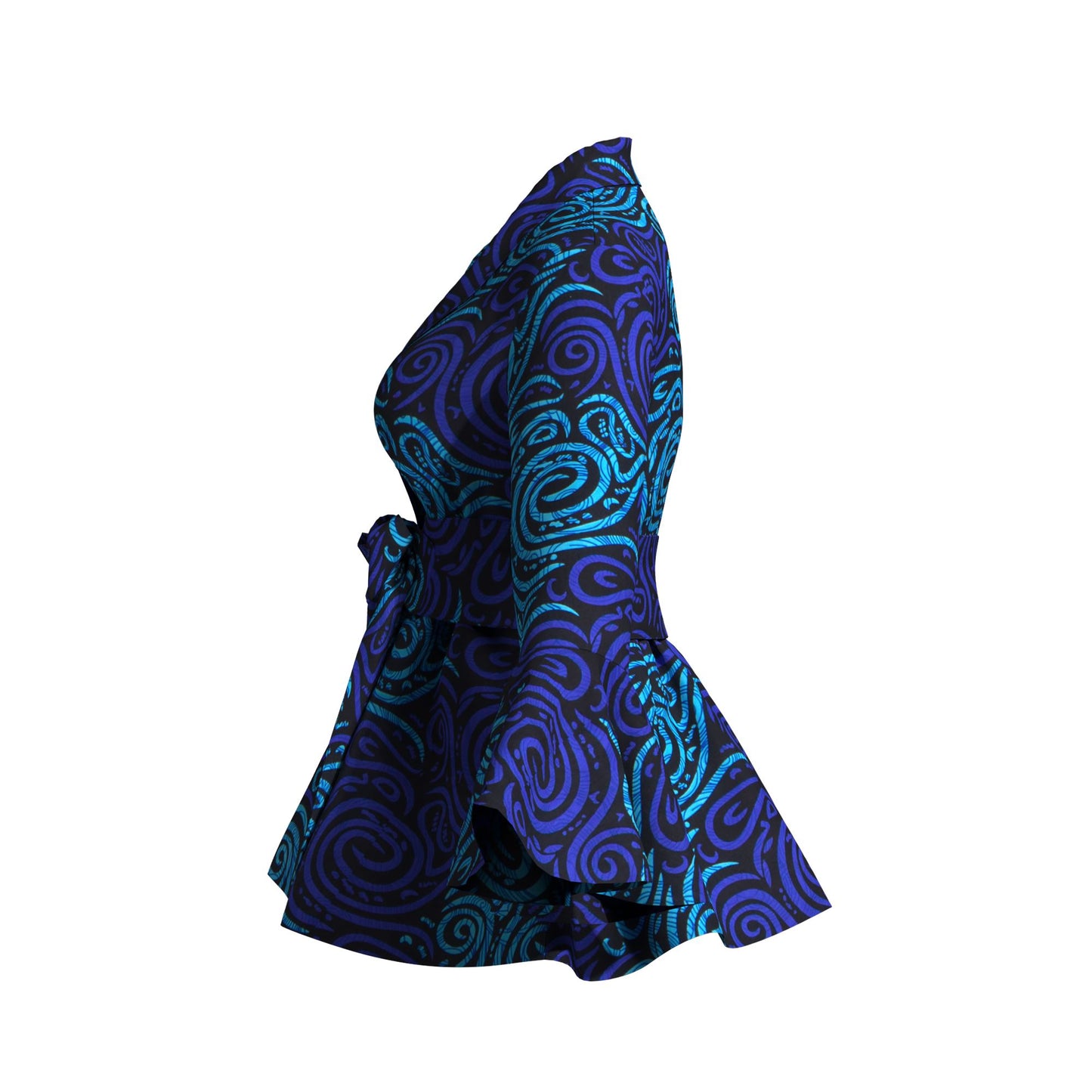Ladies Vibrant Ethnic Geometric Print Stand Collar Bell Sleeve Peplum Top With Coordinating Waist Tie