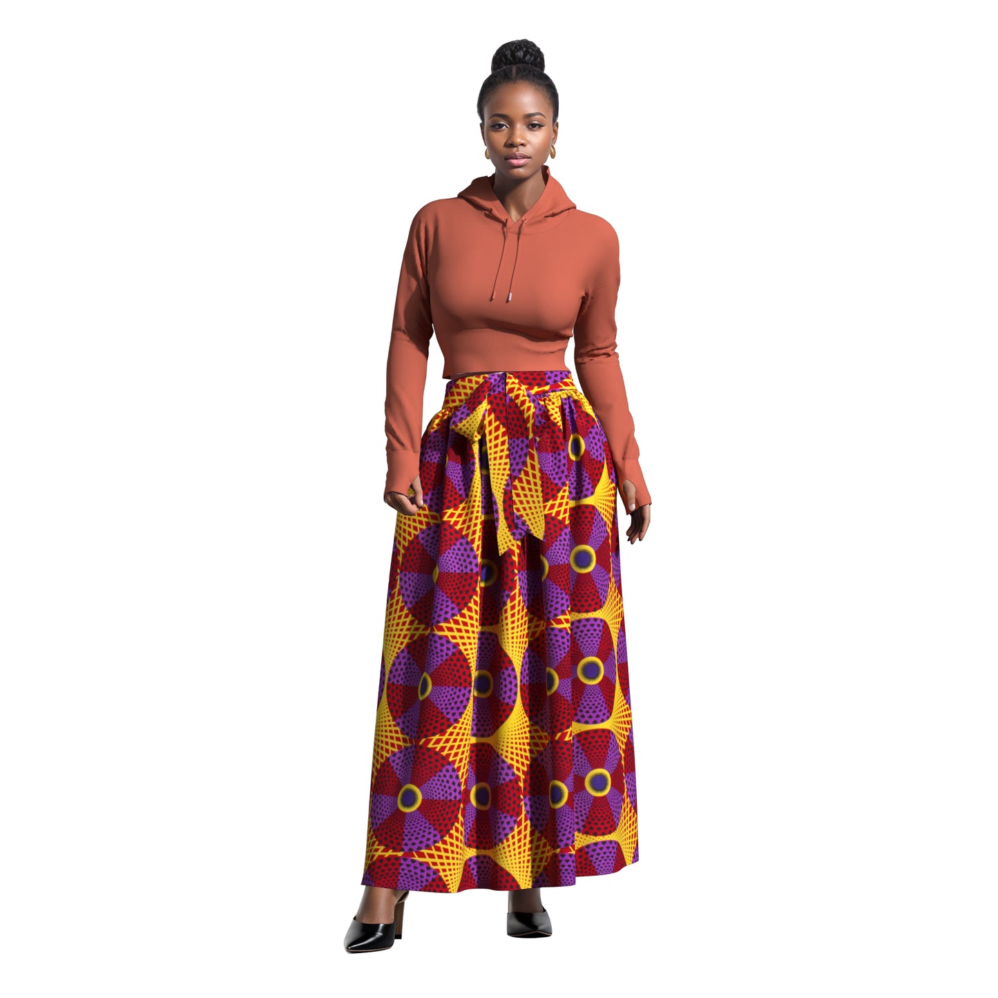 African Print Elastic Waist A-Line Skirt with Matching Belt